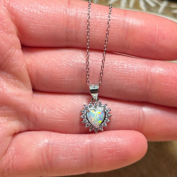 Lab Fire Opal & CZ 925 Sterling Silver Heart Necklace - Picture 11 of 12